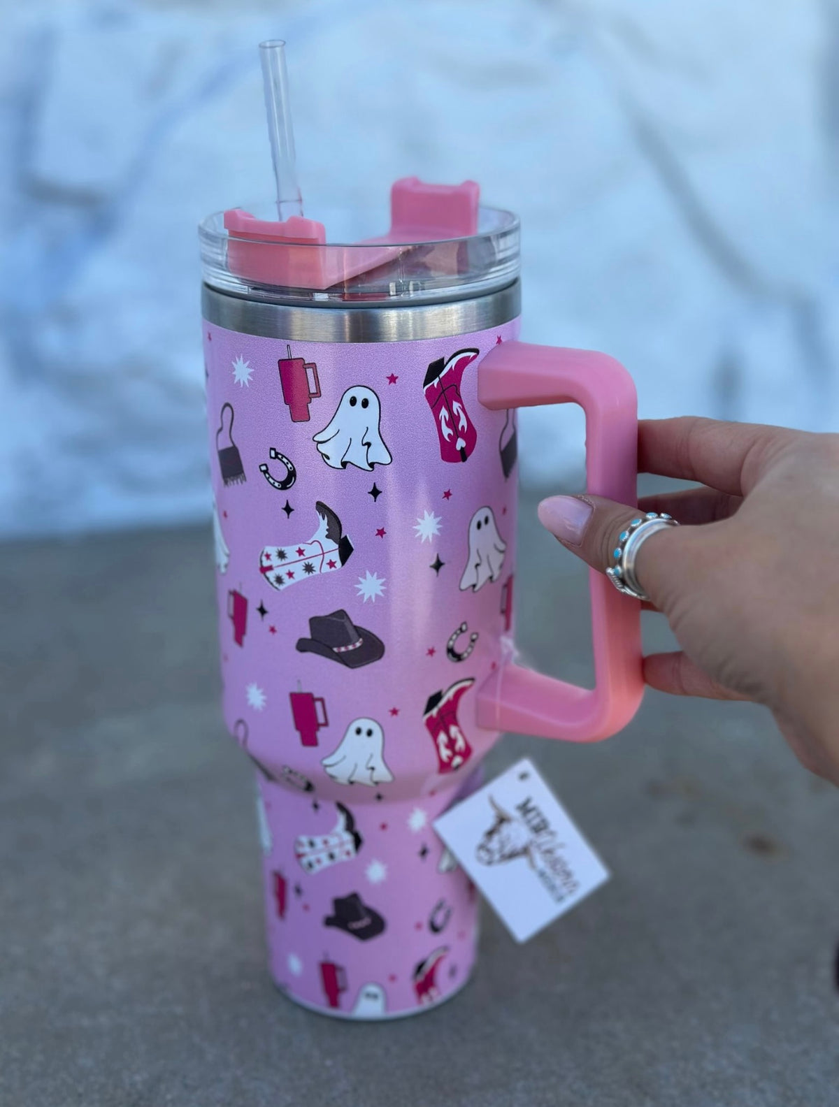Pink Ghost Tumbler with Handle
