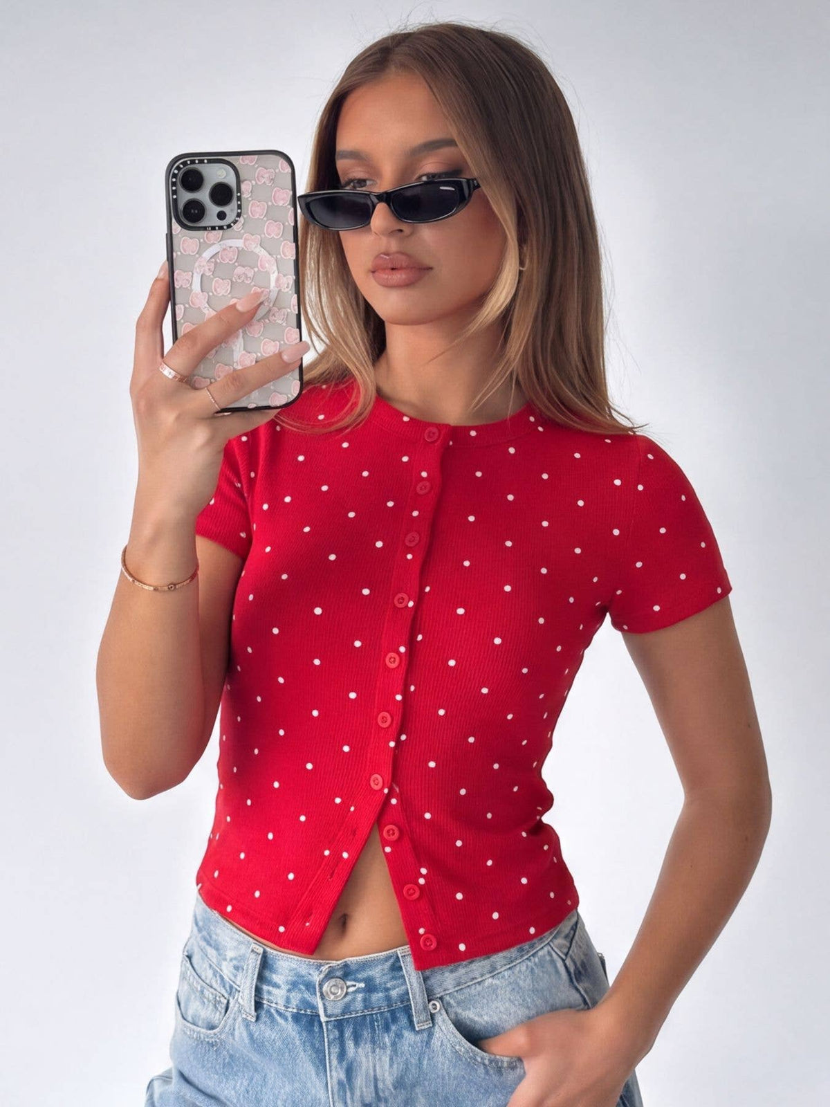 Ribbed Polka Dot Fitted Short Sleeve T-Shirt: Red