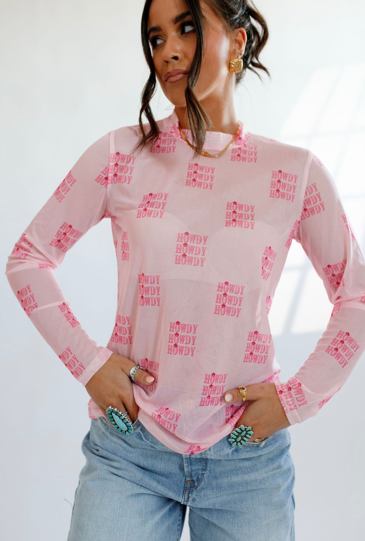 Pink Howdy Sheer Mock Neck Top