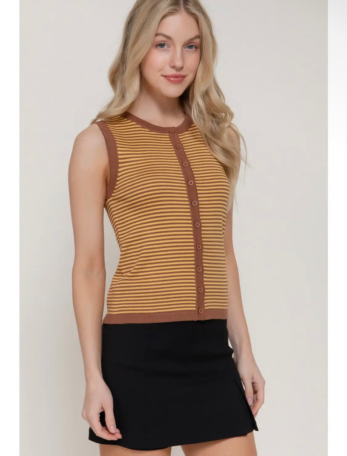 Gold Sleeveless Crew Neck Button Down Striped Sweater Top