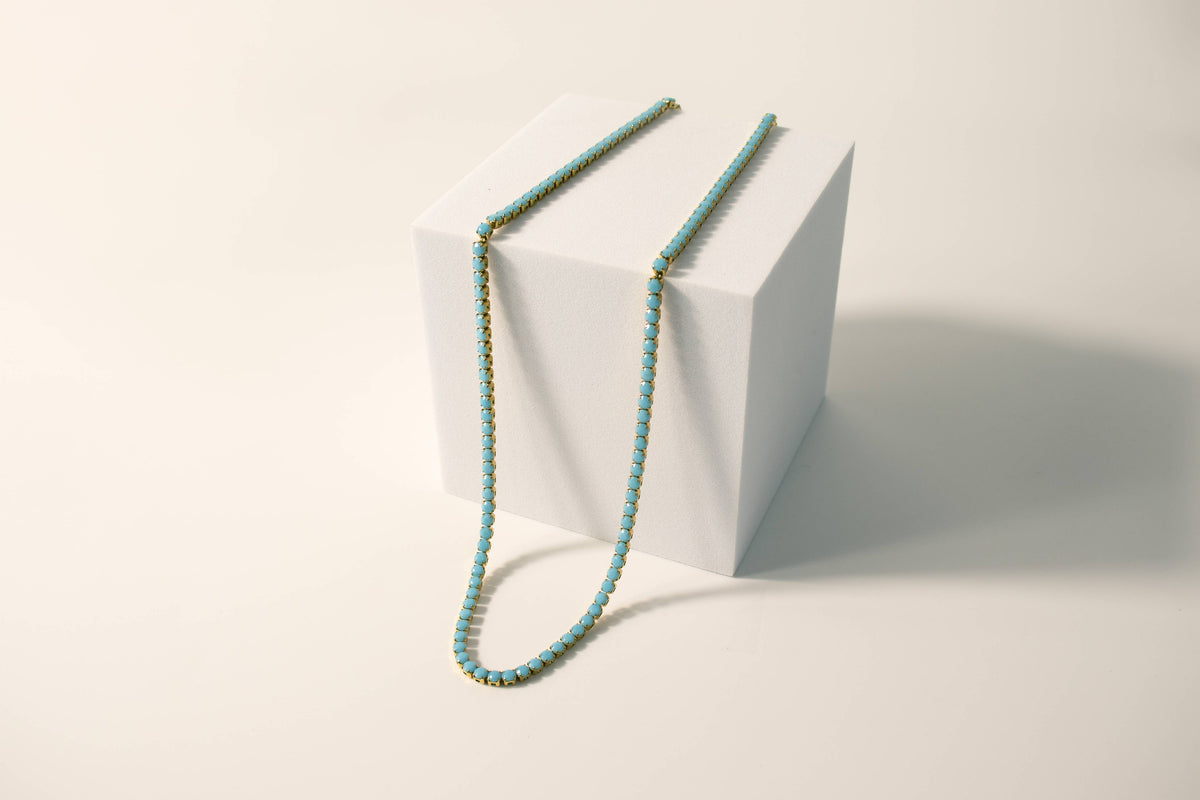 18k Gold Turquoise Rhinestone Tennis Chain Necklace: 16"+2" / 3mm