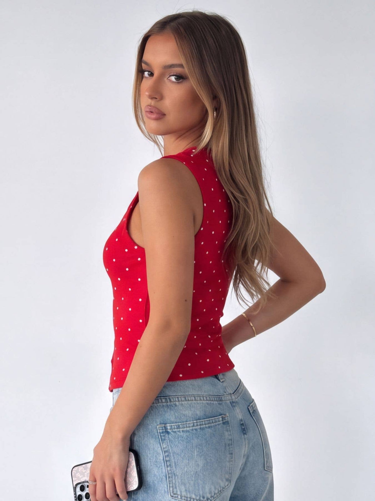 Polka Dot Ribbed Slim Fit Tank Top: Red