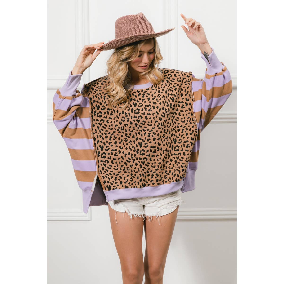 LEOPARD AND STRIPE MIXED TOP: CAMEL