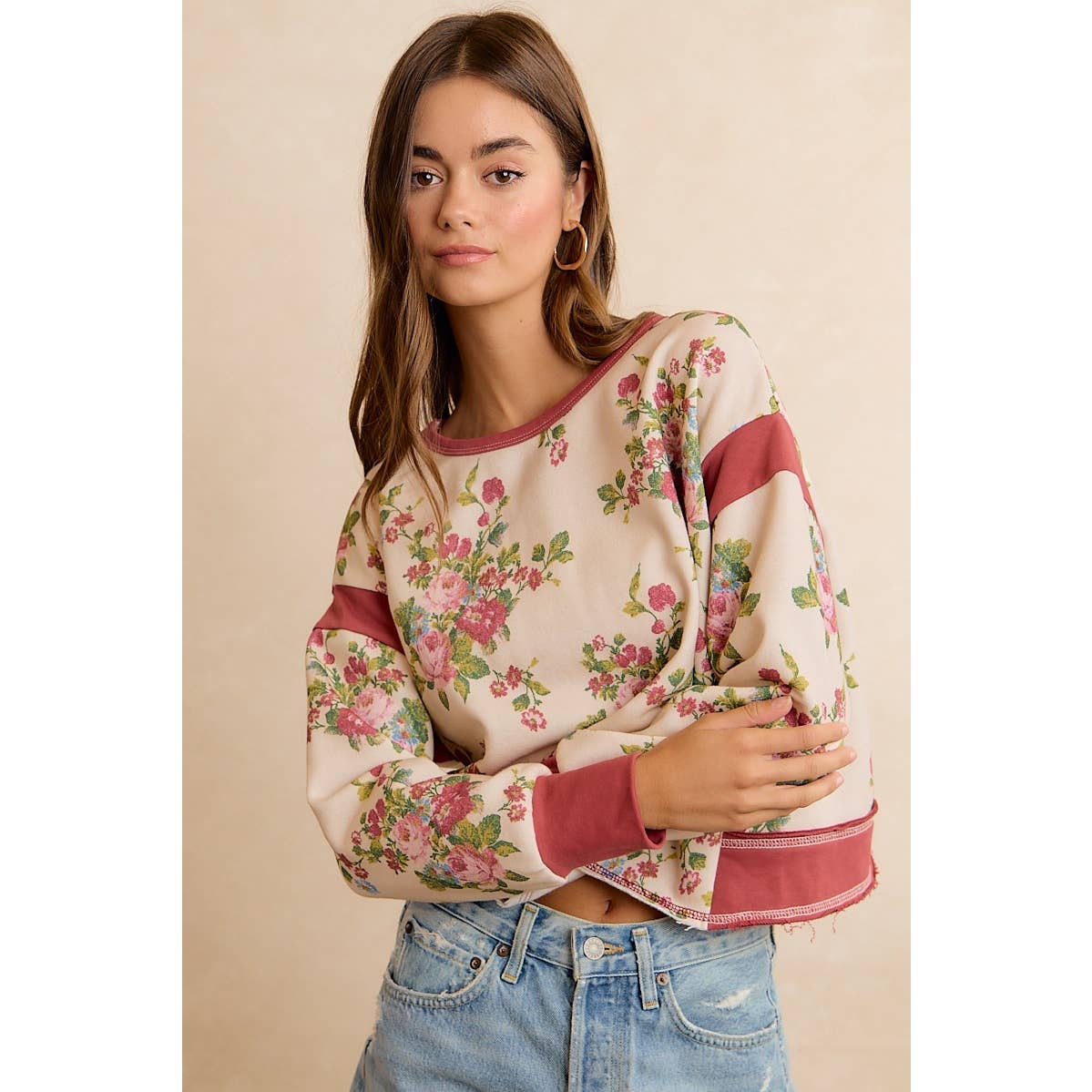 FLORAL BRUSHED TERRY OPEN BACK LONG SLEEVE