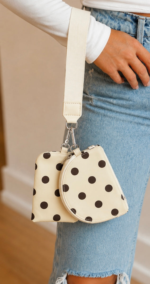 Cream Polka Dot Dual Pouch Wristlet