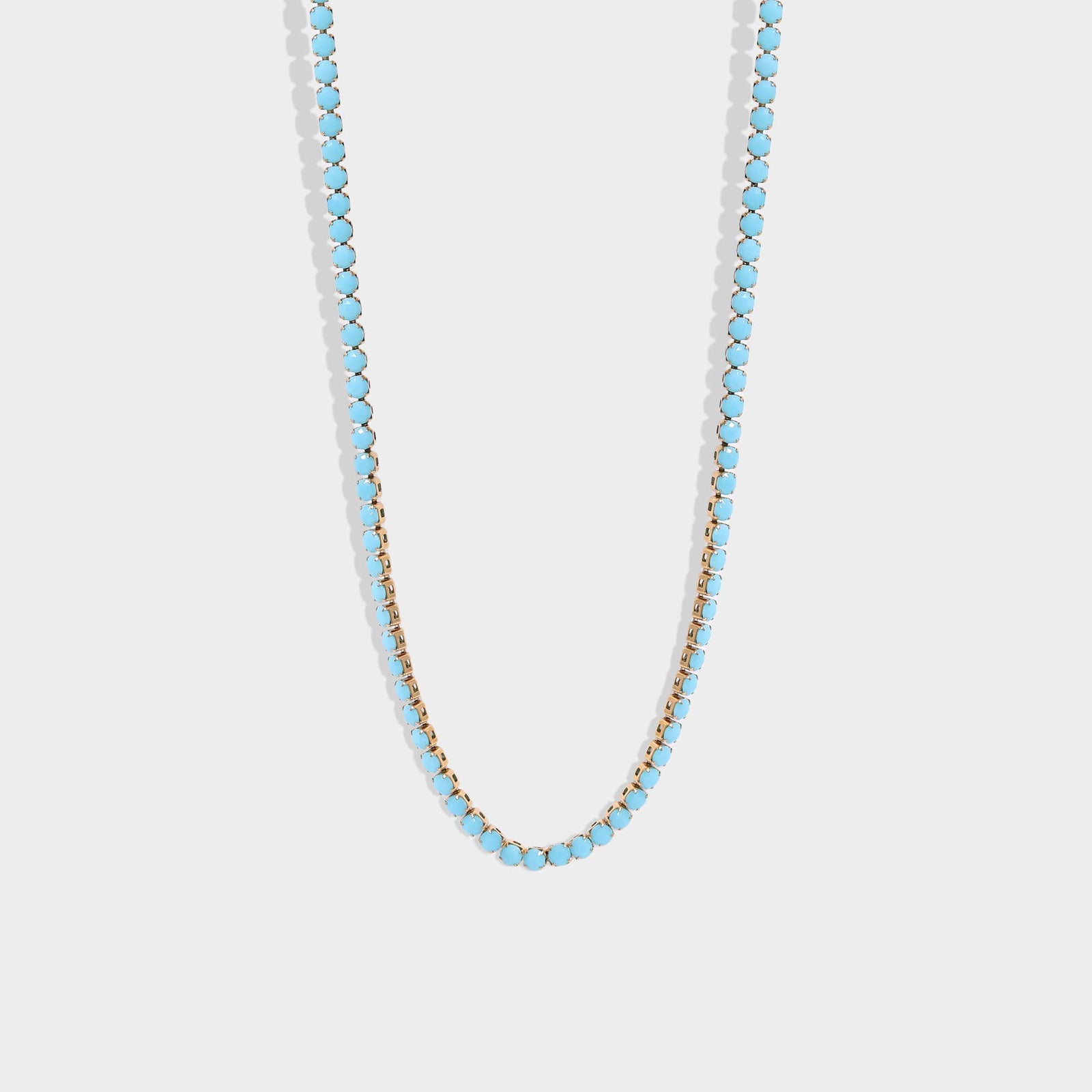 18k Gold Turquoise Rhinestone Tennis Chain Necklace: 16"+2" / 3mm