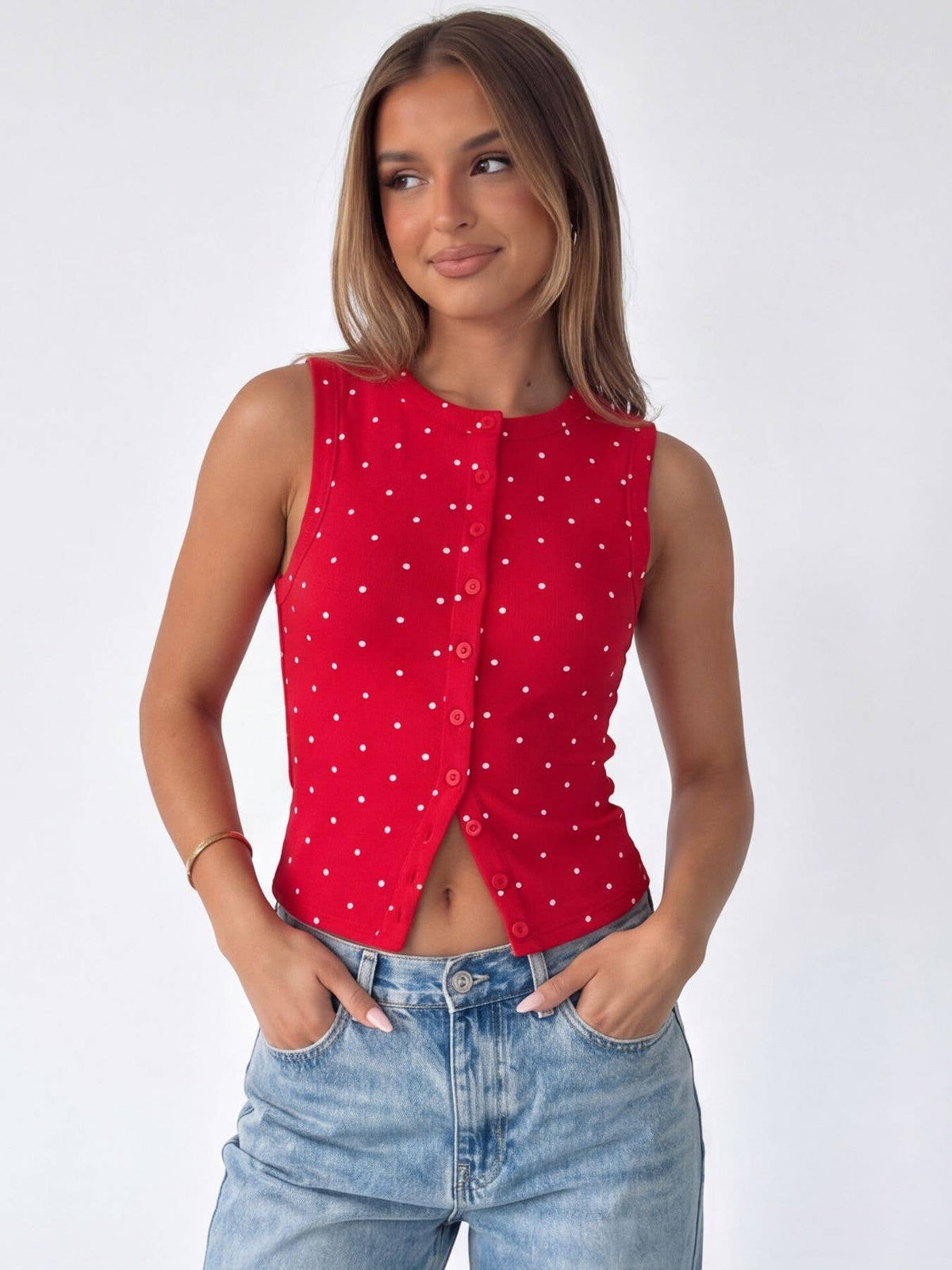 Polka Dot Ribbed Slim Fit Tank Top: Red