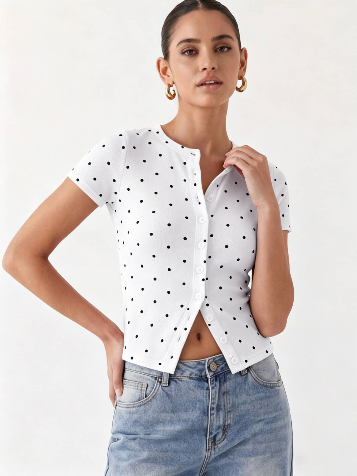 Ribbed Polka Dot Fitted Short Sleeve T-Shirt: Black
