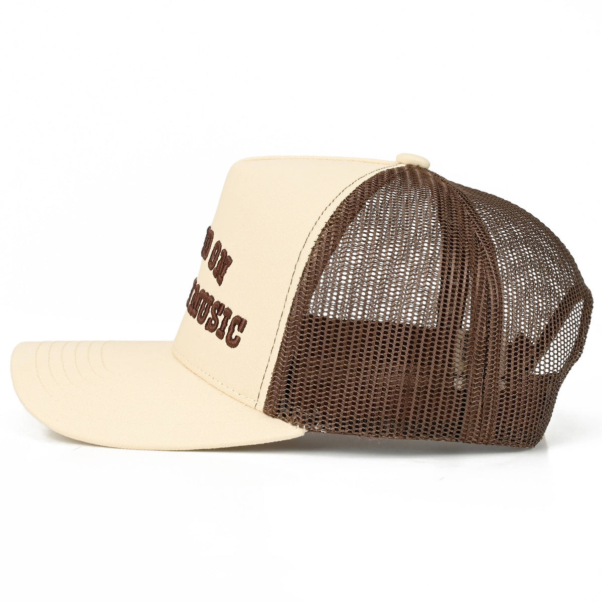 C.C RAISED ON COUNTRY MUSIC Letter on Two Tone Trucker Hat: Cream/Cream/Brown