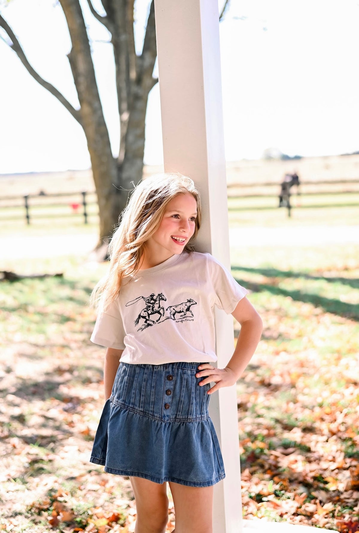 Girls Pleated Button Detail Denim Skirt