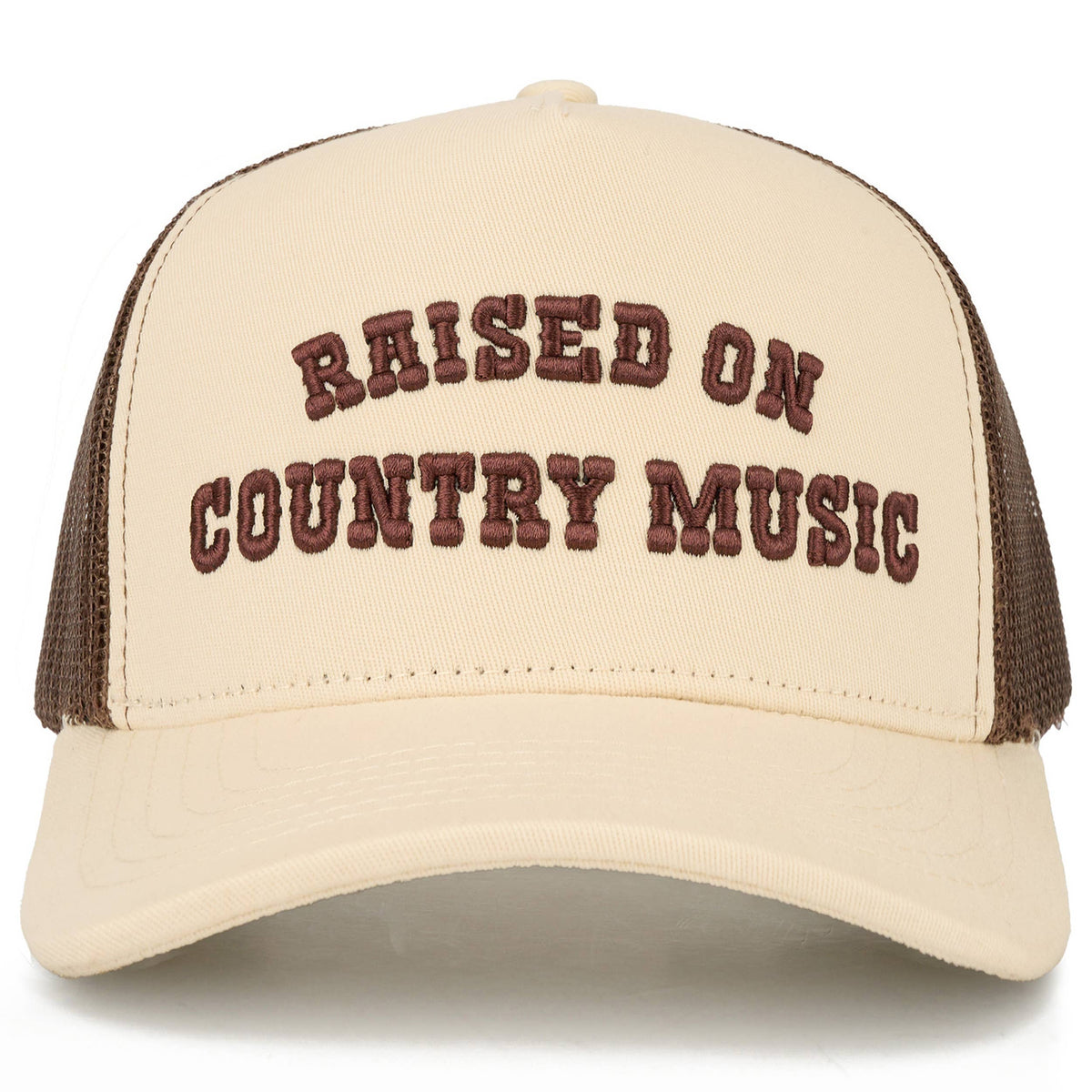 C.C RAISED ON COUNTRY MUSIC Letter on Two Tone Trucker Hat: Cream/Cream/Brown