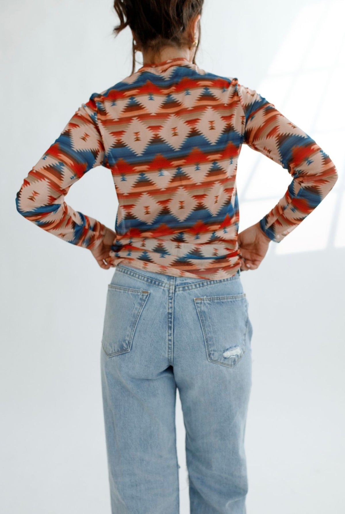 Aztec Sheer Mock Neck Top