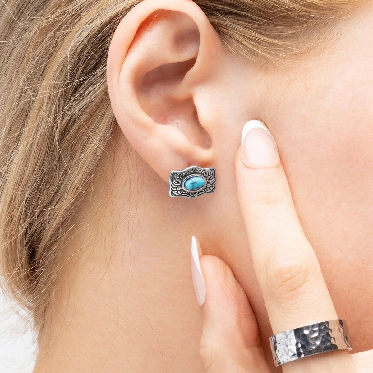 Gold Stainless Steel Turquoise Stone Buckle Stud Earrings: Gold