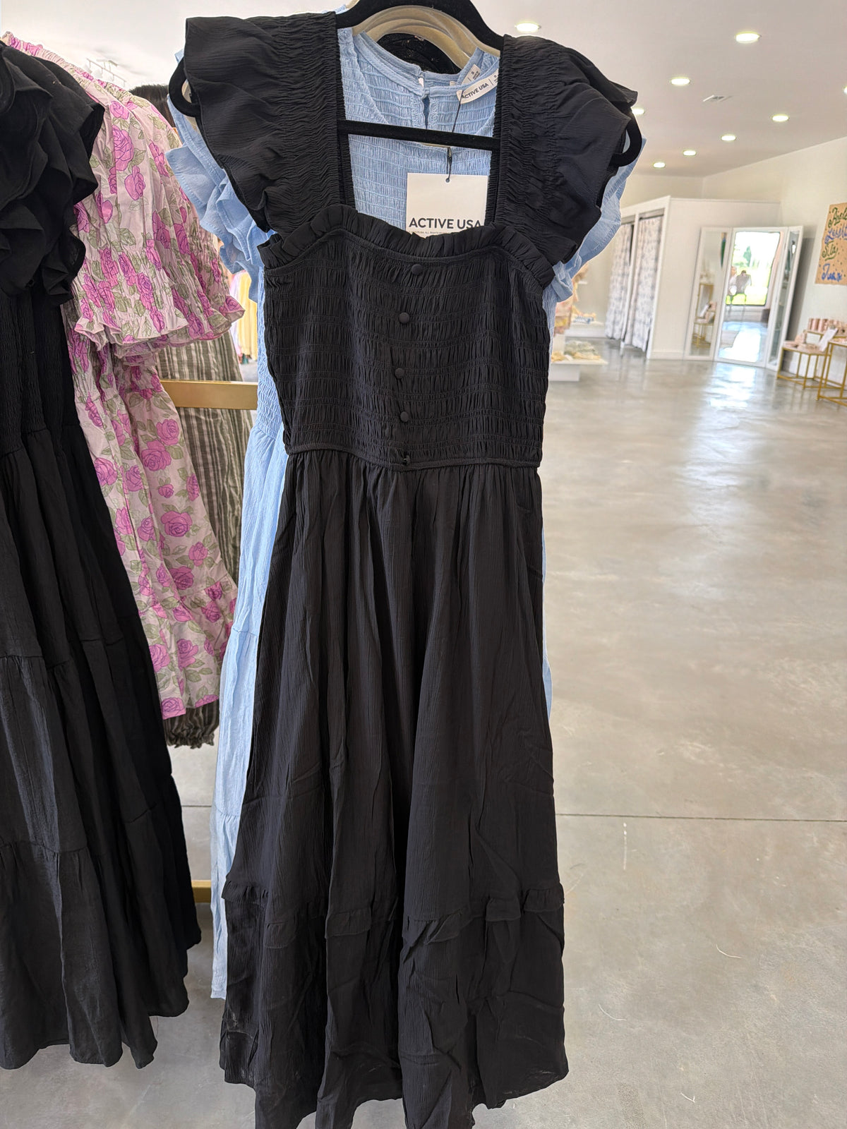 Black Button Smocked Ruffle Midi Dress