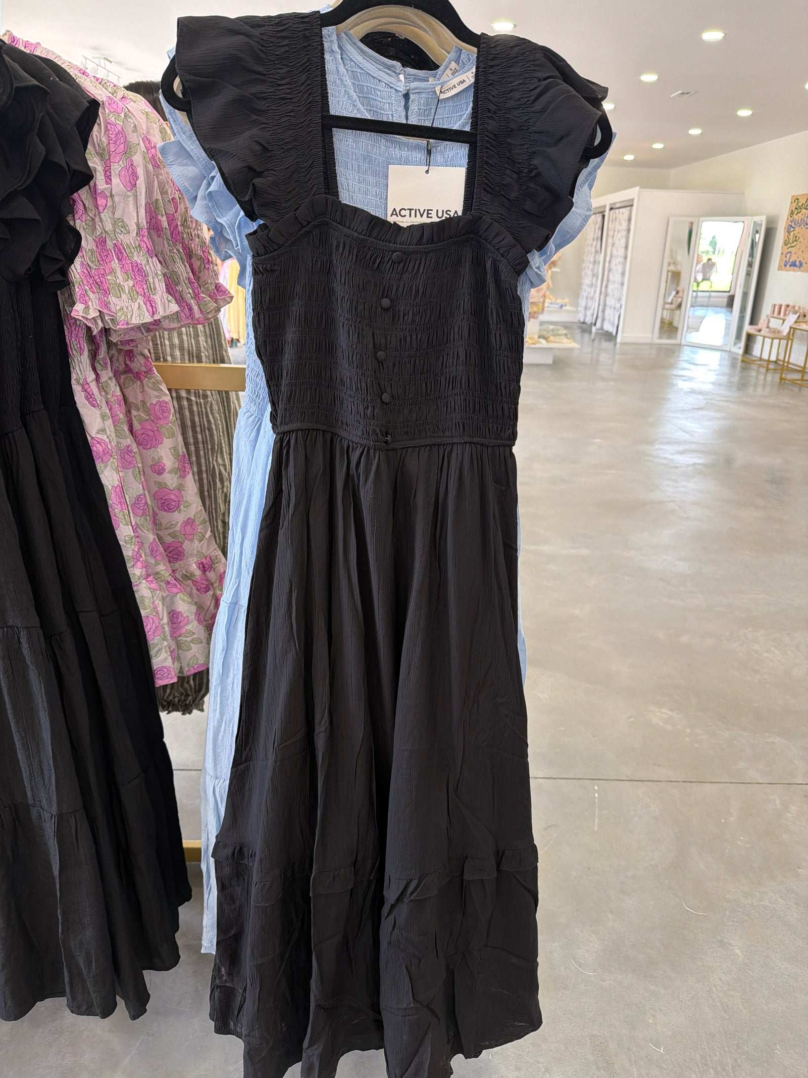 Black Button Smocked Ruffle Midi Dress