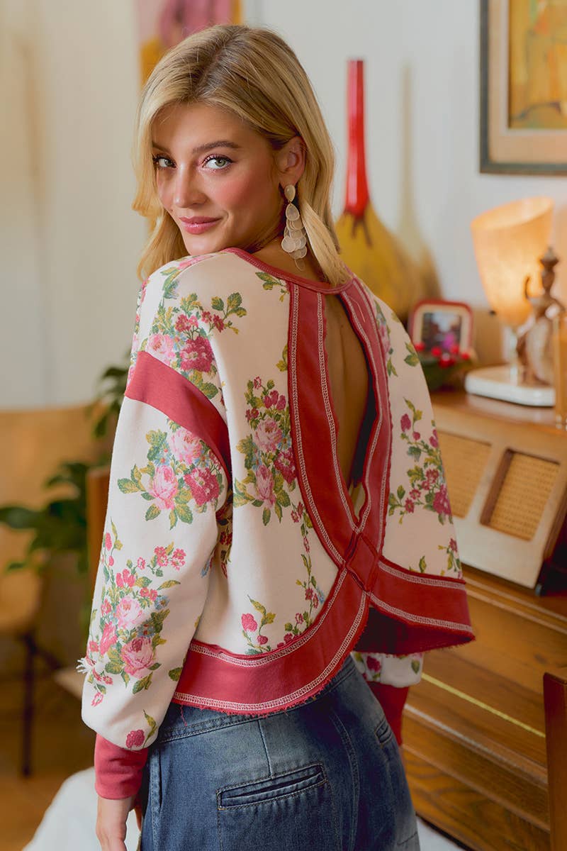 FLORAL BRUSHED TERRY OPEN BACK LONG SLEEVE