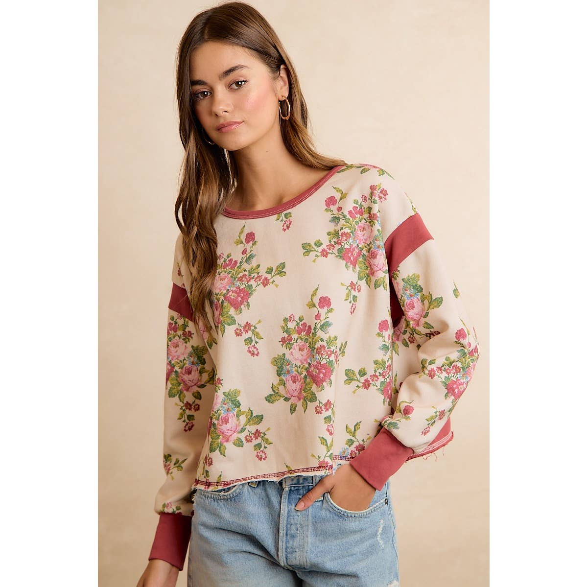 FLORAL BRUSHED TERRY OPEN BACK LONG SLEEVE