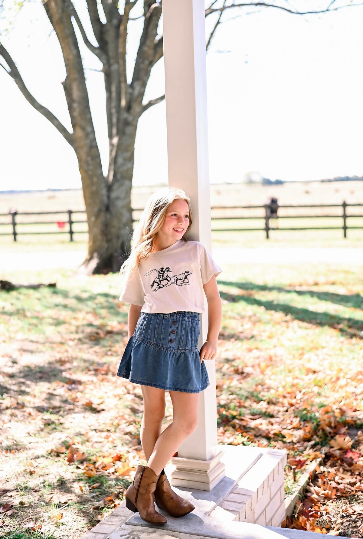 Girls Pleated Button Detail Denim Skirt
