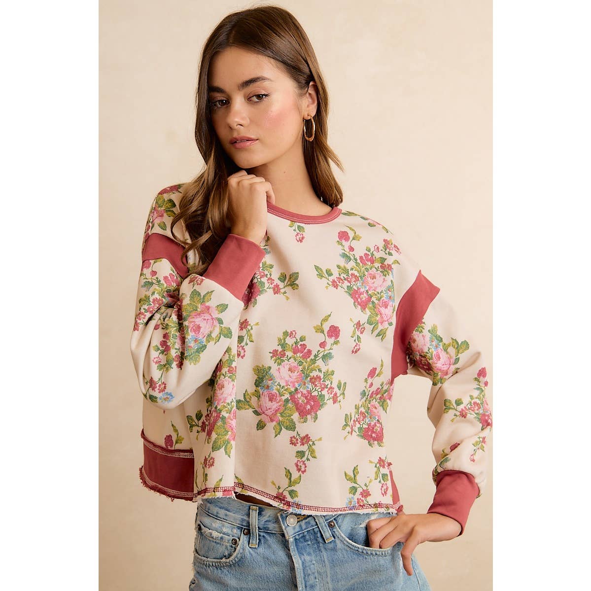 FLORAL BRUSHED TERRY OPEN BACK LONG SLEEVE