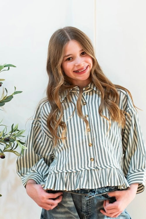 Striped Ruffle Hem Button Up Top