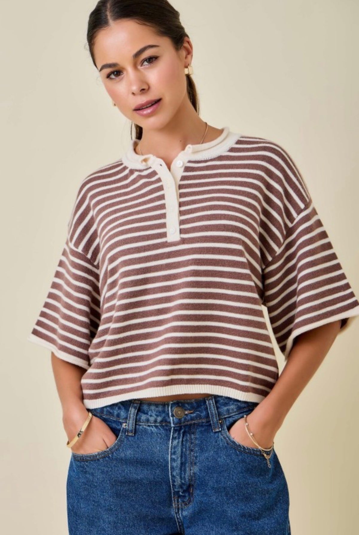 Brown Striped Short Sleeve Henley Knit Top