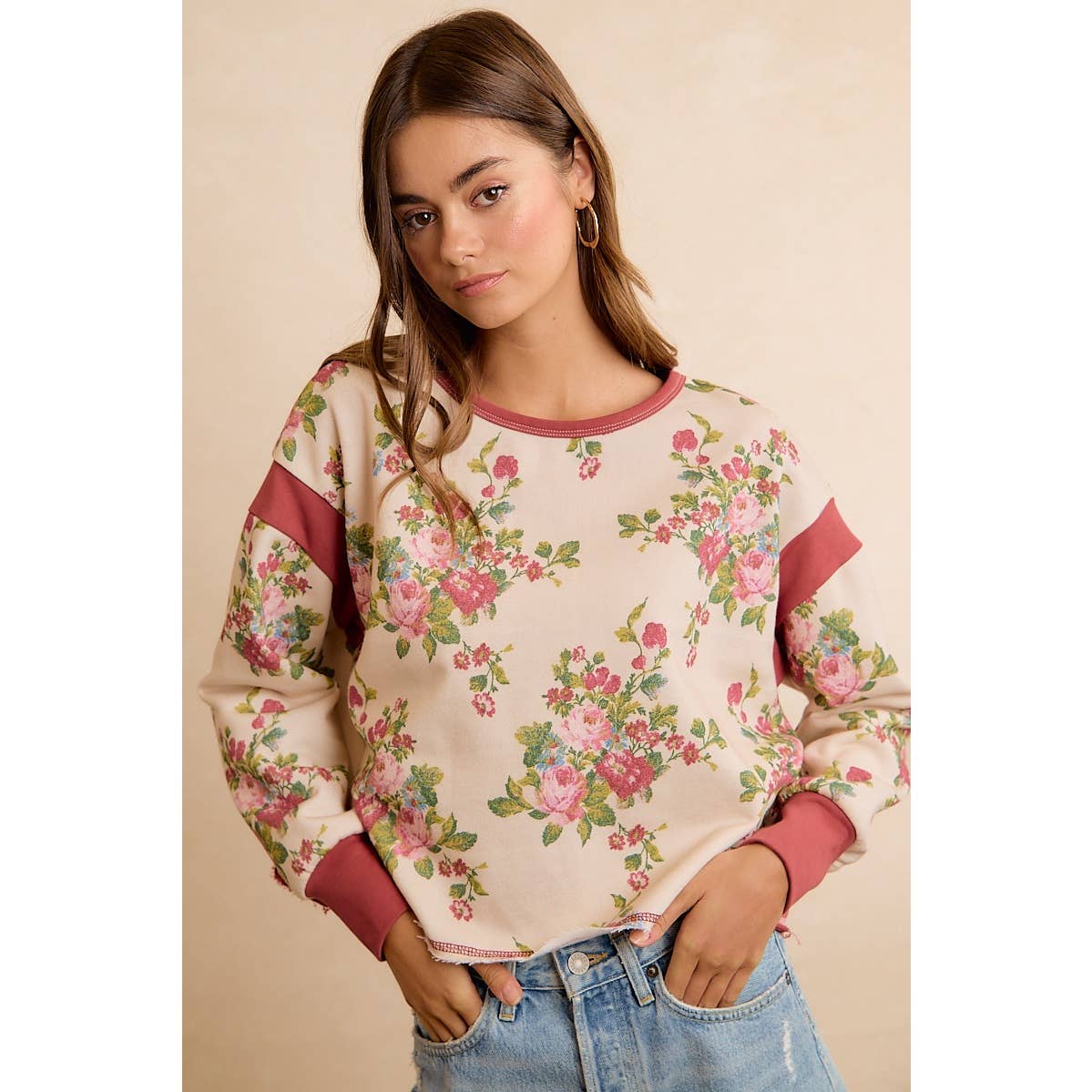 FLORAL BRUSHED TERRY OPEN BACK LONG SLEEVE