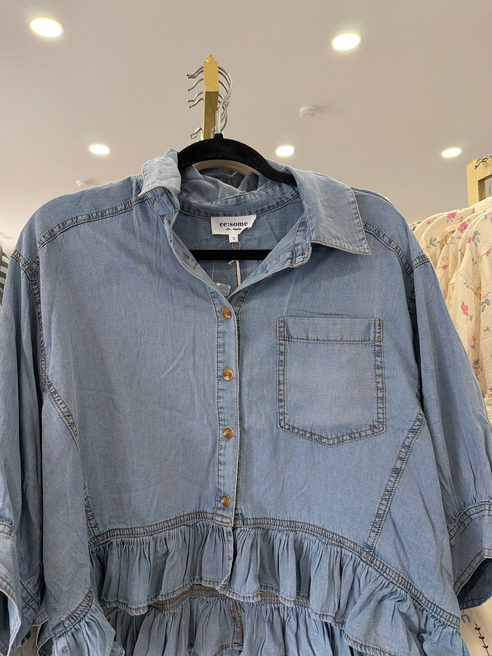 Denim Ruffle Flowy Shirt