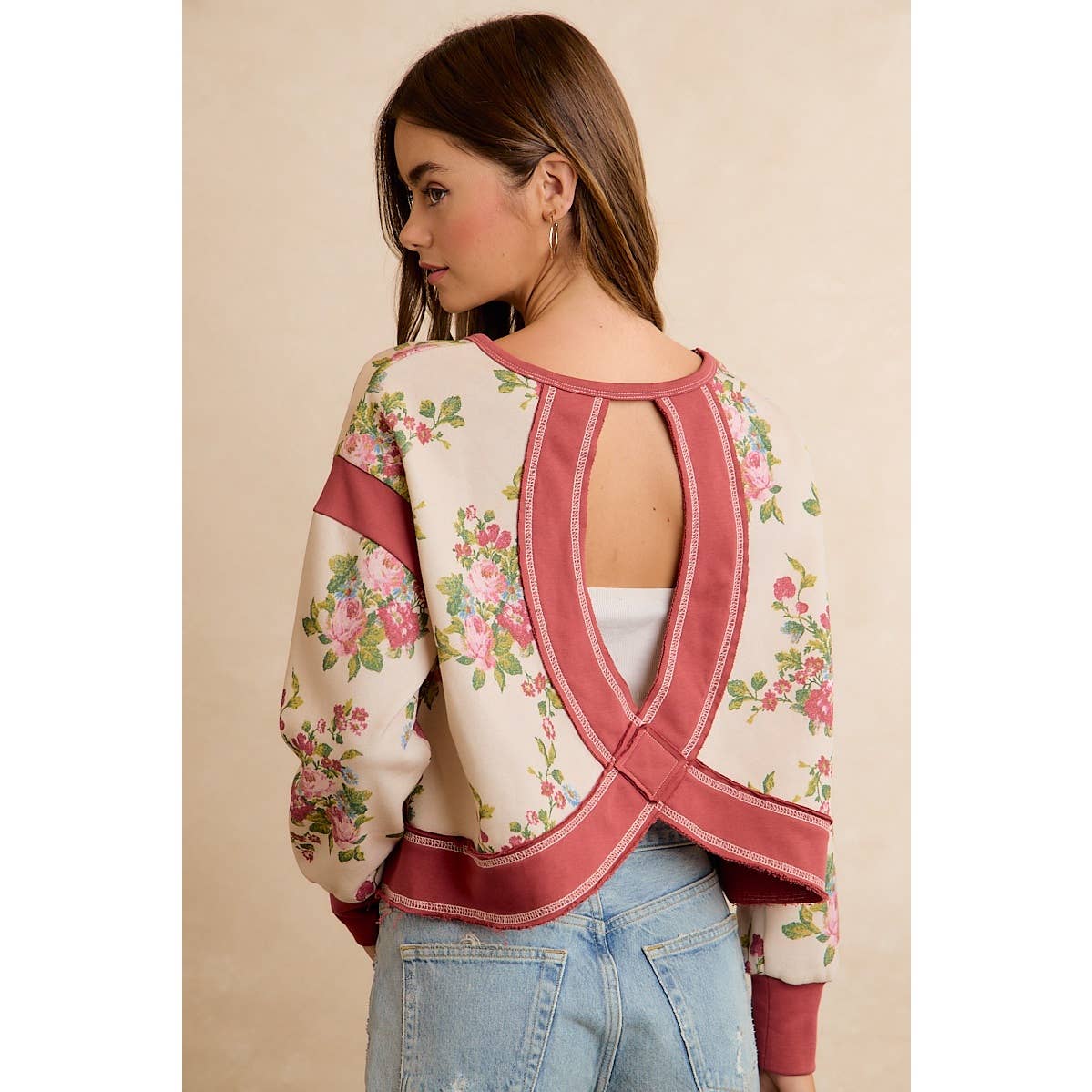 FLORAL BRUSHED TERRY OPEN BACK LONG SLEEVE