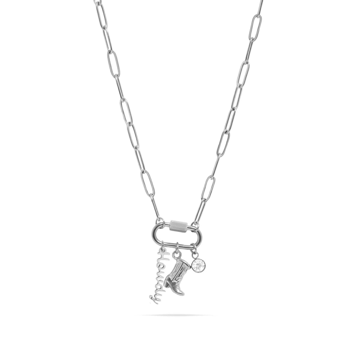 18K Gold PVD Stainless Steel Western Carabiner Necklace: Stainless