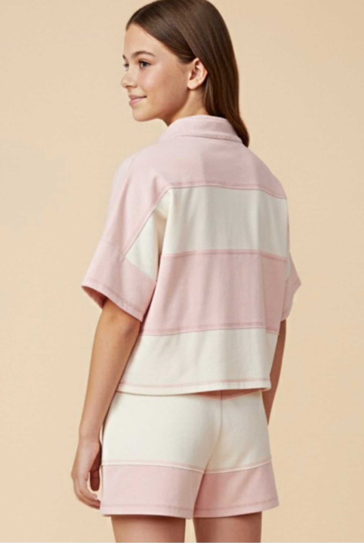Girls Pink Color Block Stripe Half Zip Top