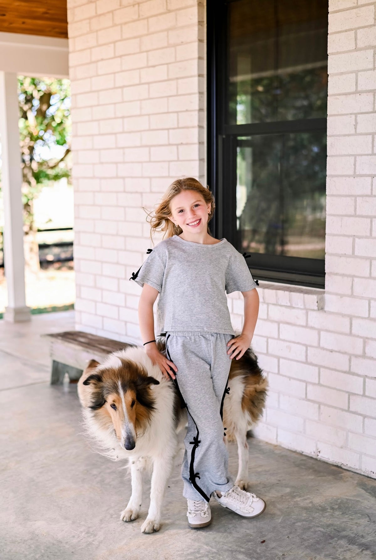 Girls Bow Trim Side Stripe Terry Top &amp; Joggers Set