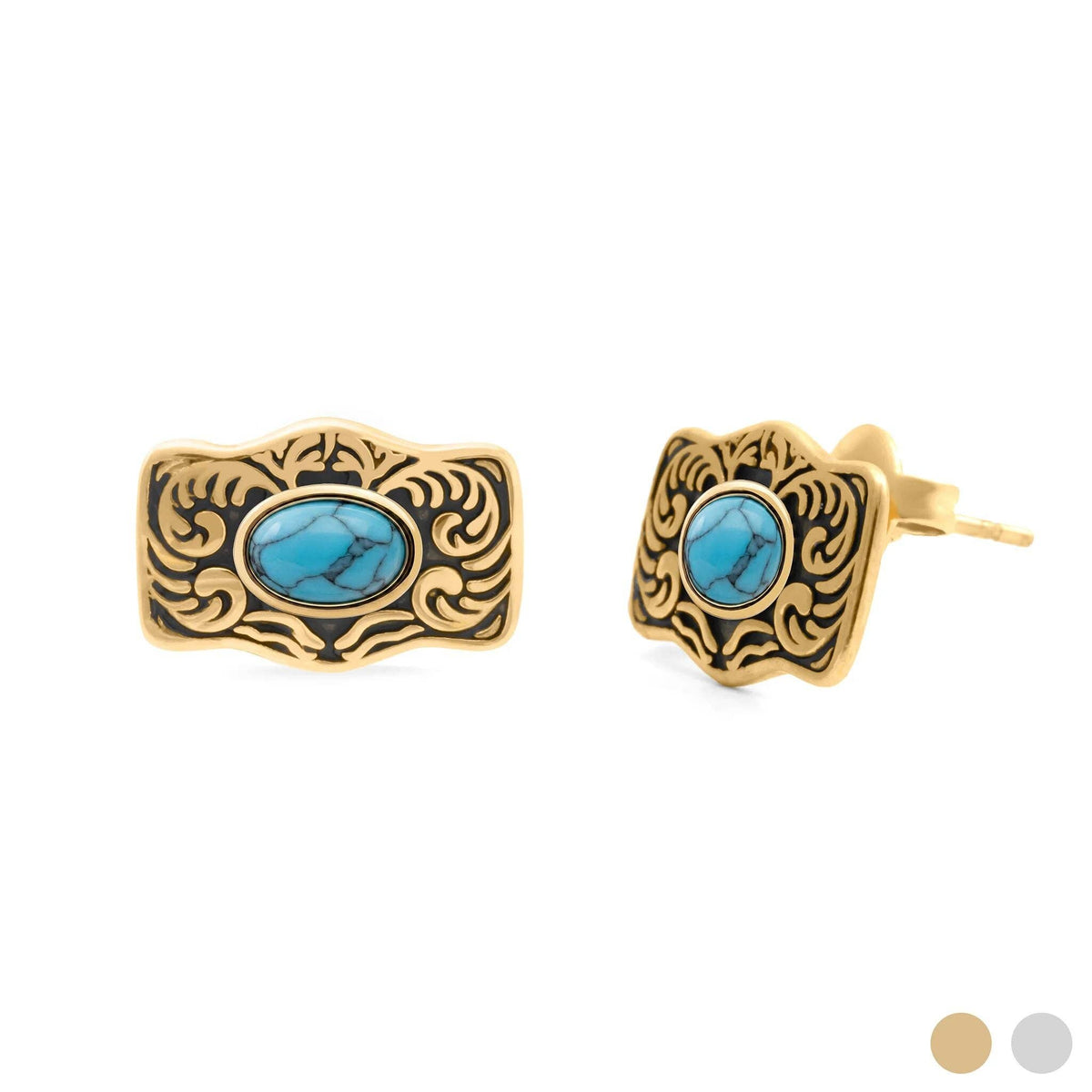 Gold Stainless Steel Turquoise Stone Buckle Stud Earrings: Gold
