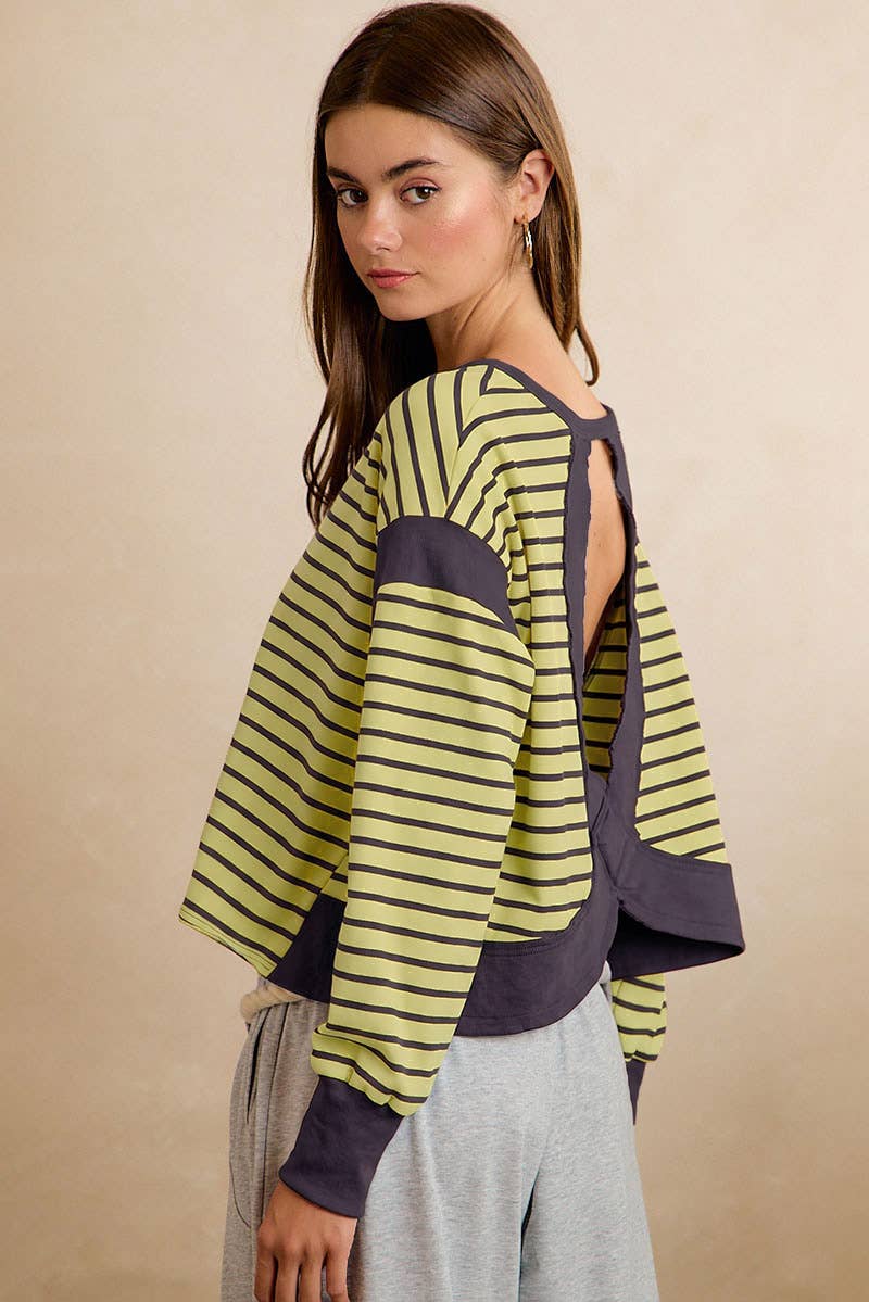 STRIPE OPEN BACK LONG SLEEVES TOP: HUNTER/IVORY