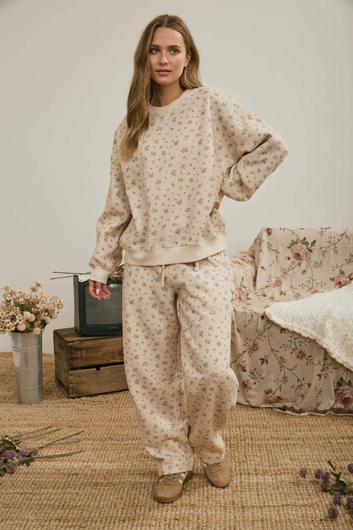 DITSY FLORAL DRAWSTRING WIDE LEG PANTS