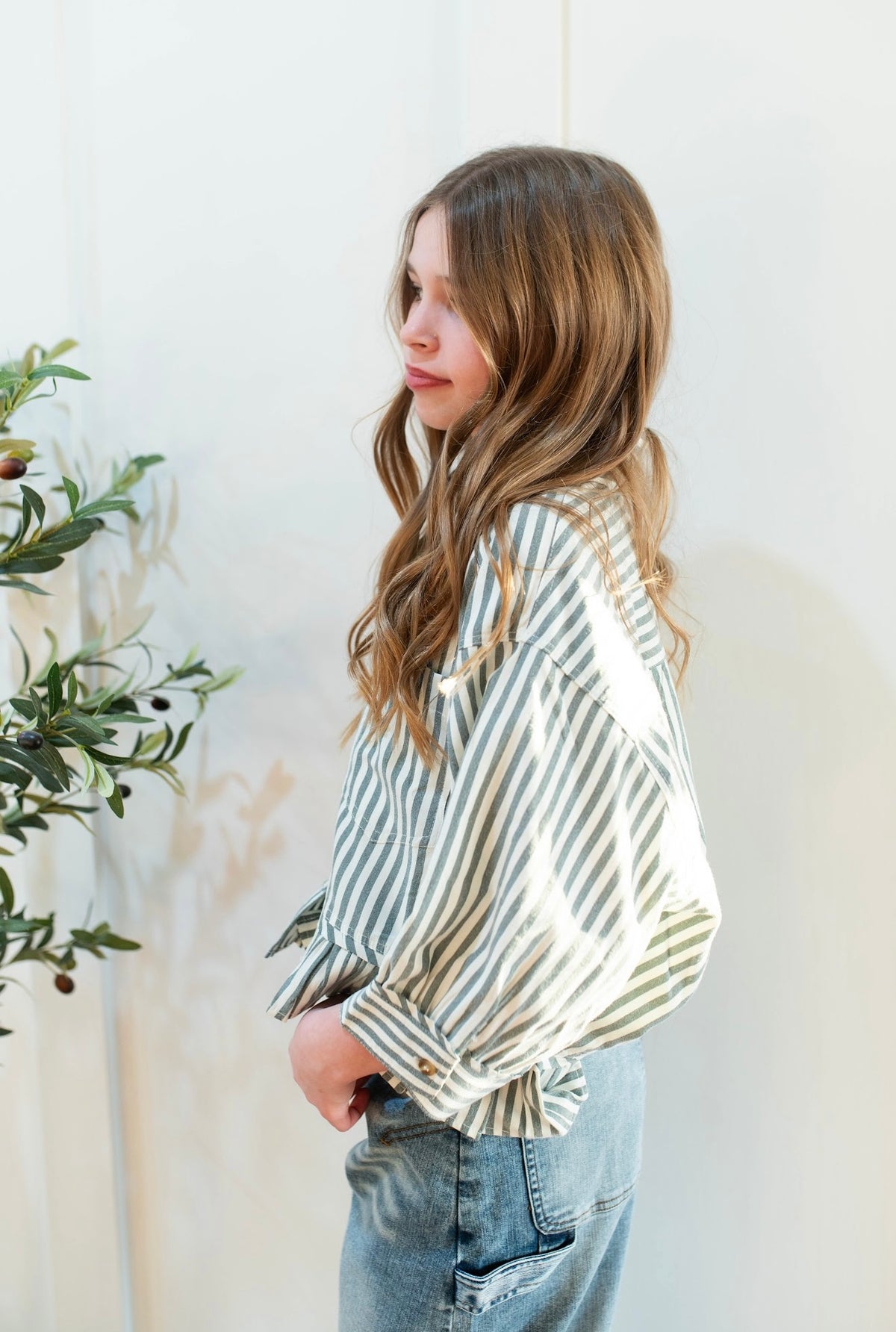 Striped Ruffle Hem Button Up Top