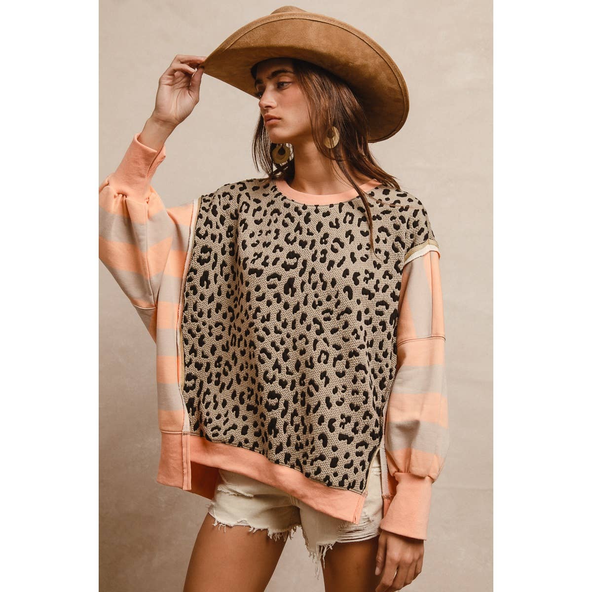 LEOPARD AND STRIPE MIXED TOP: CAMEL