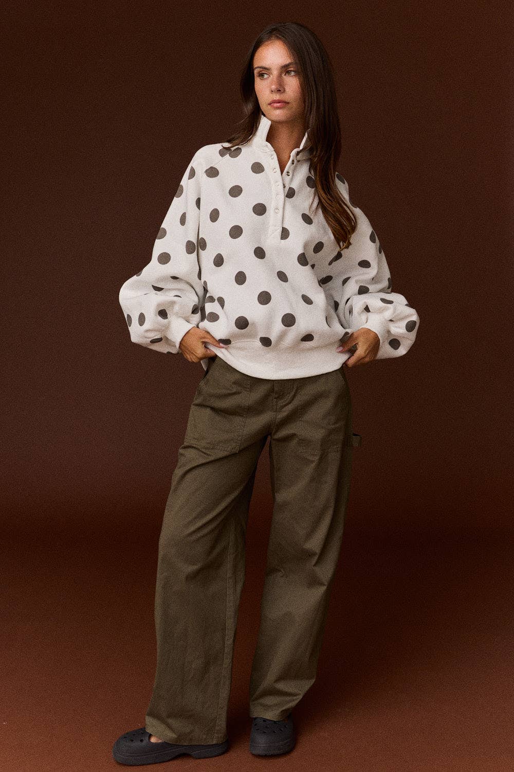 White/Brown Collar Half-Snap Button  Polka Dot Sweatshirt
