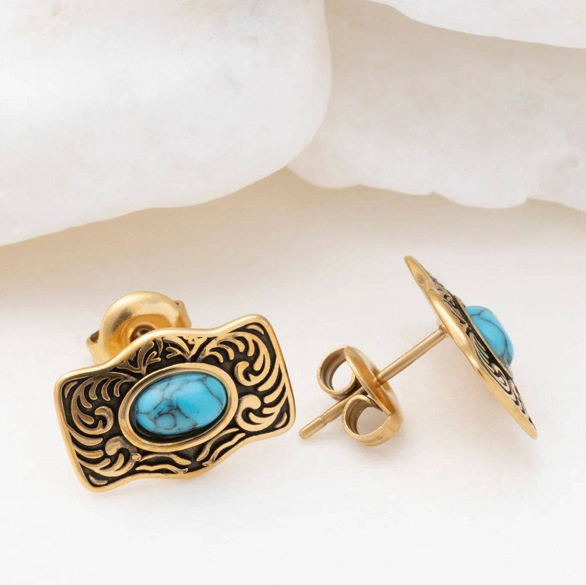 Gold Stainless Steel Turquoise Stone Buckle Stud Earrings: Gold