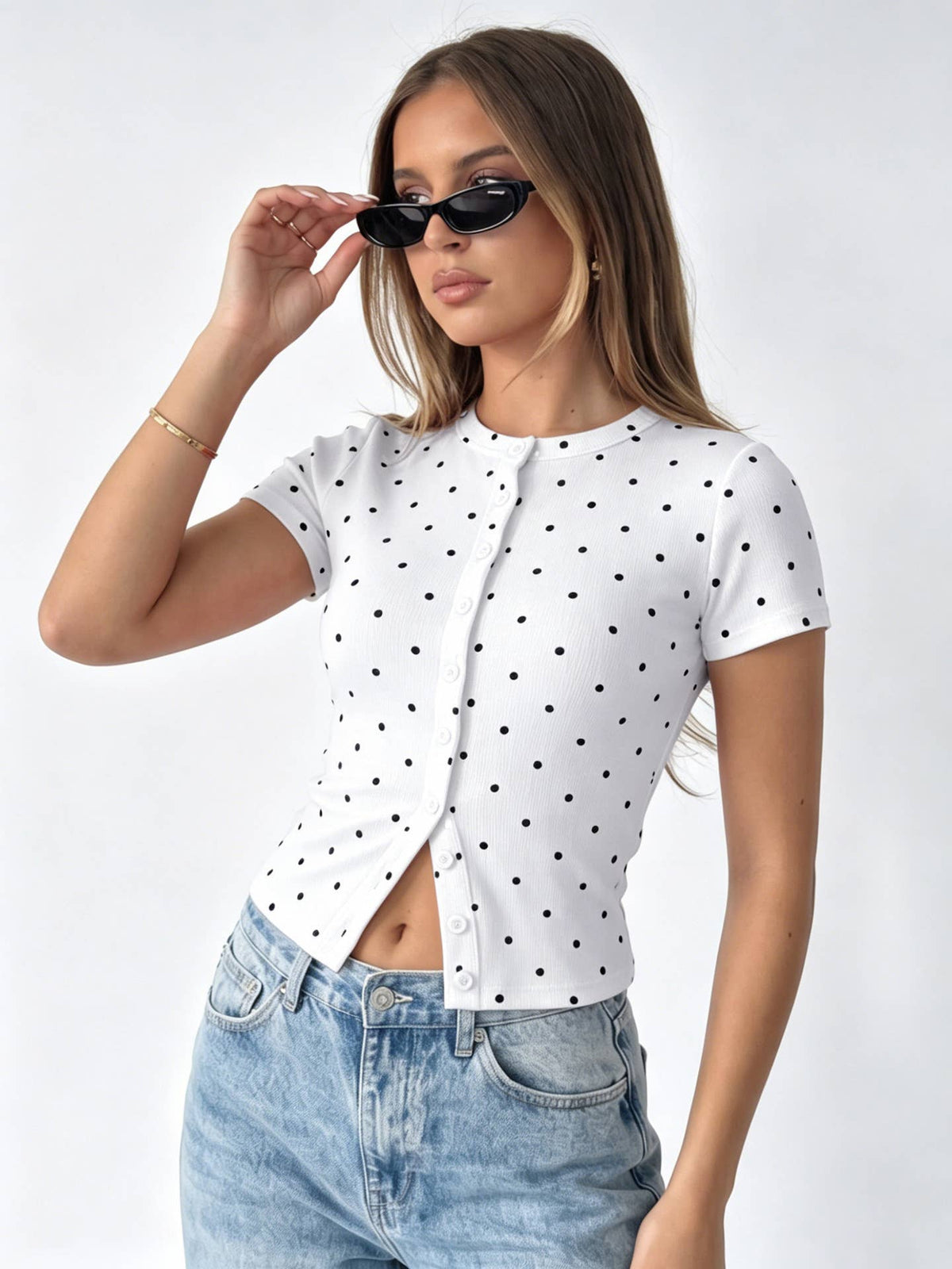 Ribbed Polka Dot Fitted Short Sleeve T-Shirt: Red