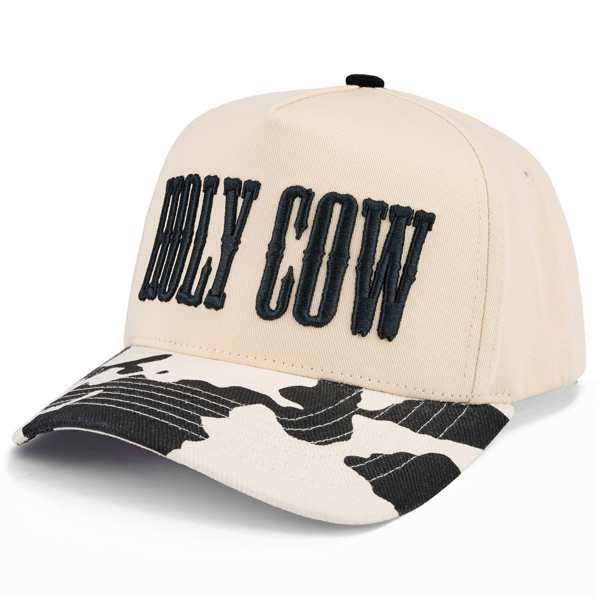 C.C HOLY COW Letter Embroidered Two Tone Trucker Hat: Black