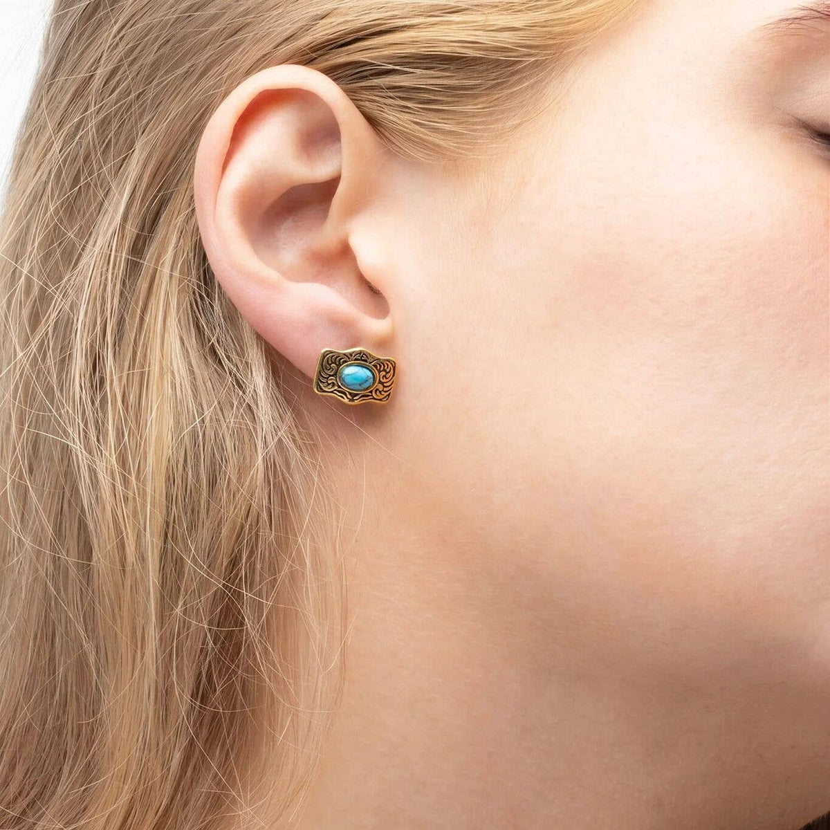 Gold Stainless Steel Turquoise Stone Buckle Stud Earrings: Gold
