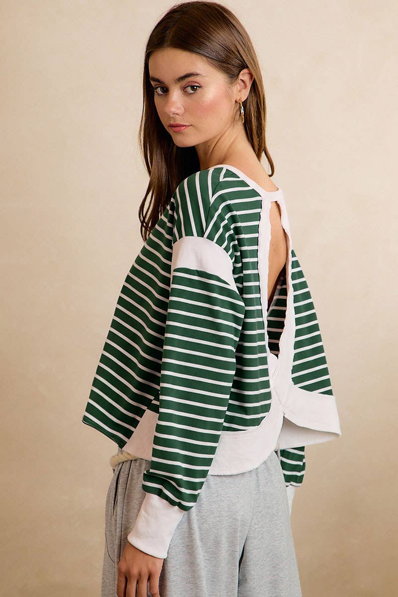 STRIPE OPEN BACK LONG SLEEVES TOP: HUNTER/IVORY