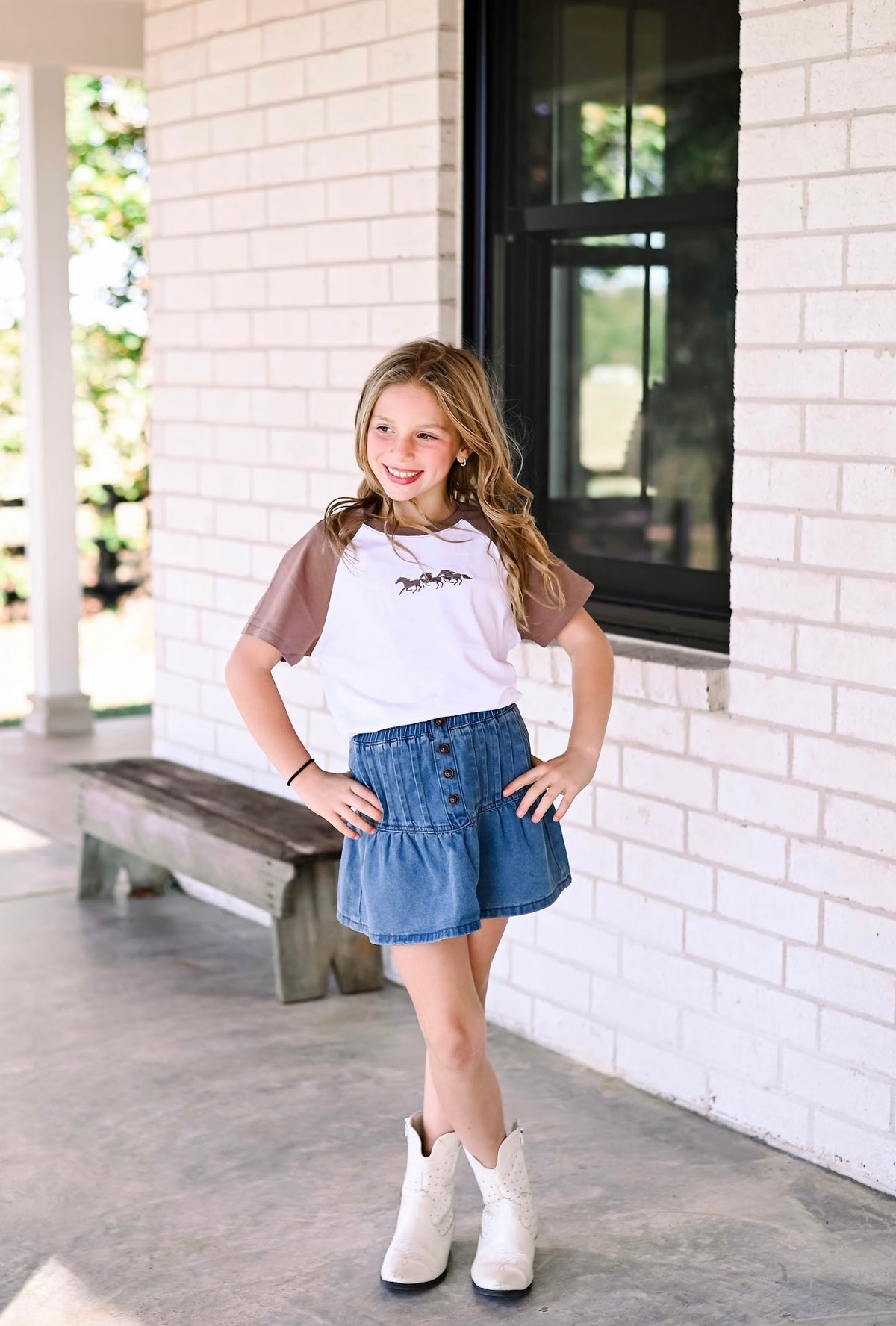 Girls Pleated Button Detail Denim Skirt