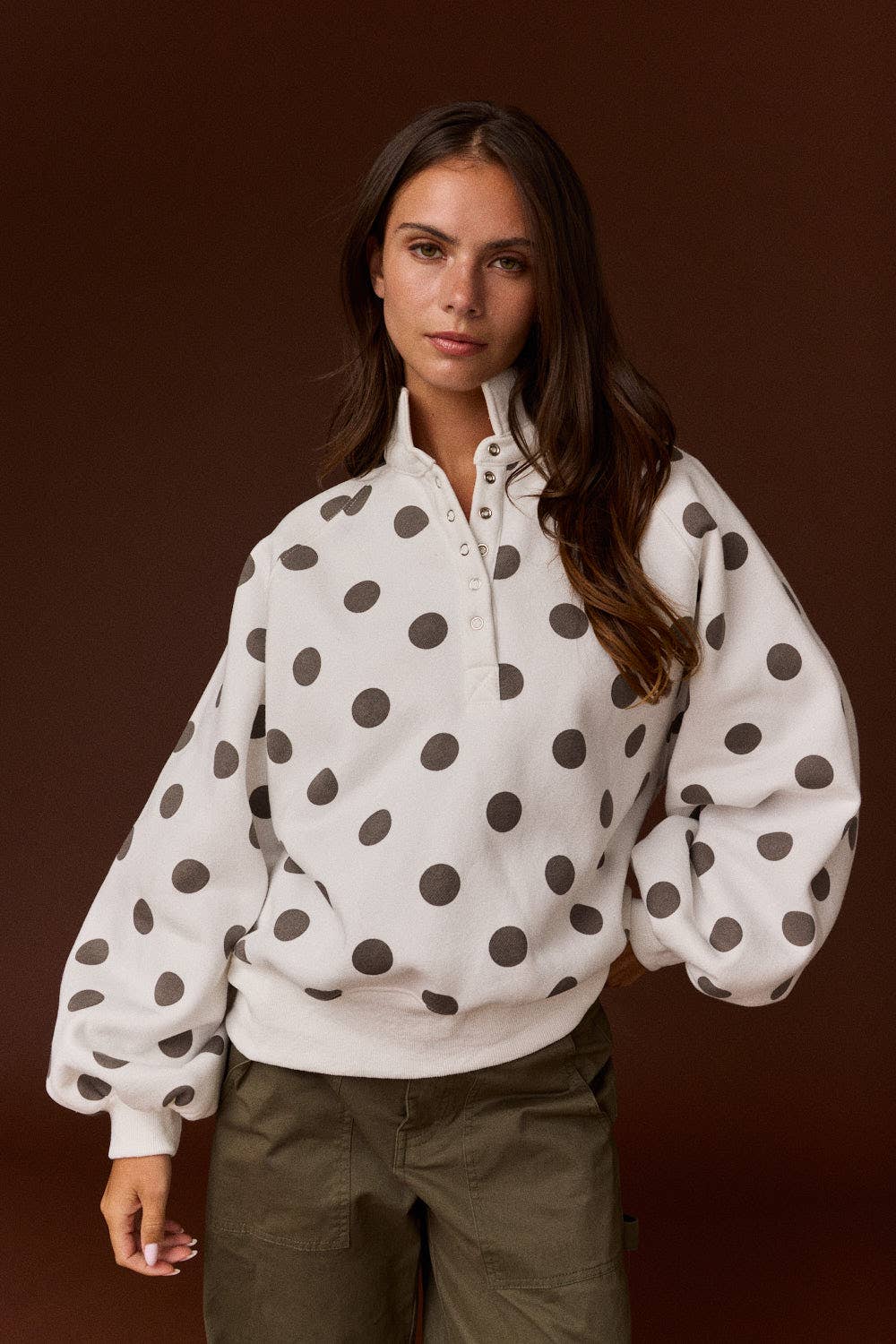 White/Brown Collar Half-Snap Button  Polka Dot Sweatshirt