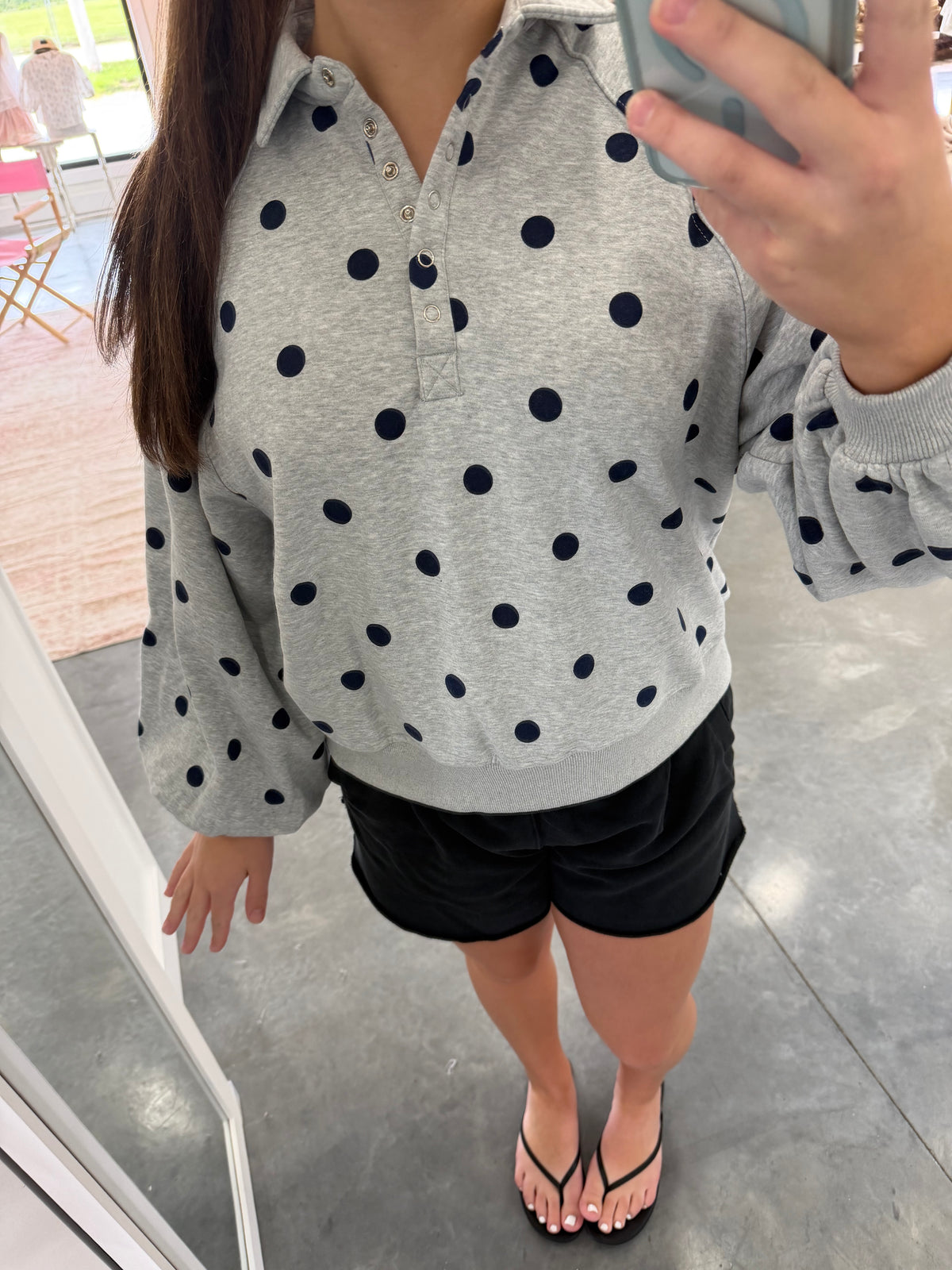 Grey Navy Polka Dot Snap Crew
