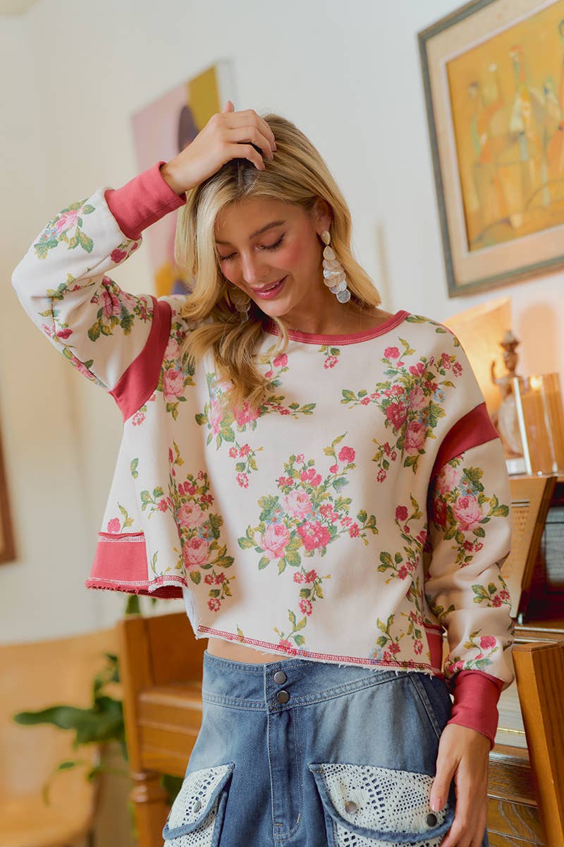 FLORAL BRUSHED TERRY OPEN BACK LONG SLEEVE