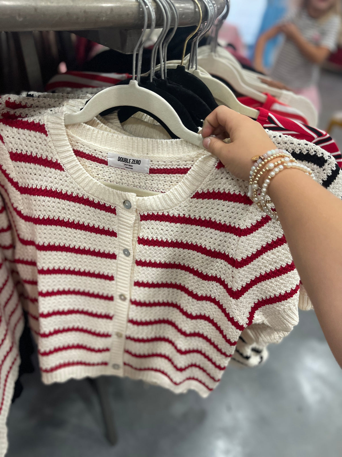 Red Striped Short Sleeve Scalloped Edge Cardi