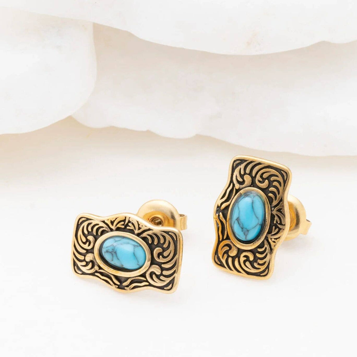 Gold Stainless Steel Turquoise Stone Buckle Stud Earrings: Gold