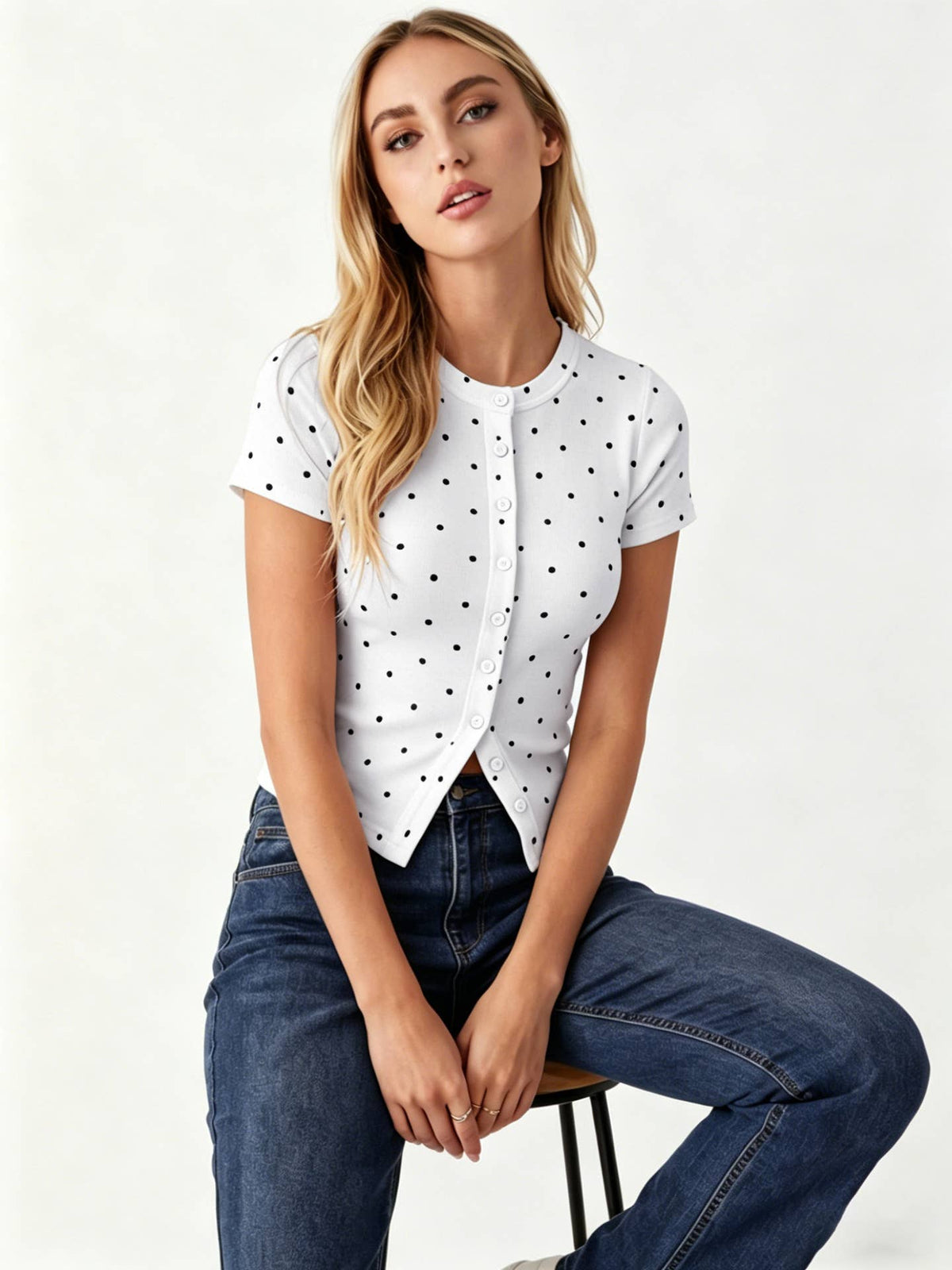 Ribbed Polka Dot Fitted Short Sleeve T-Shirt: Black
