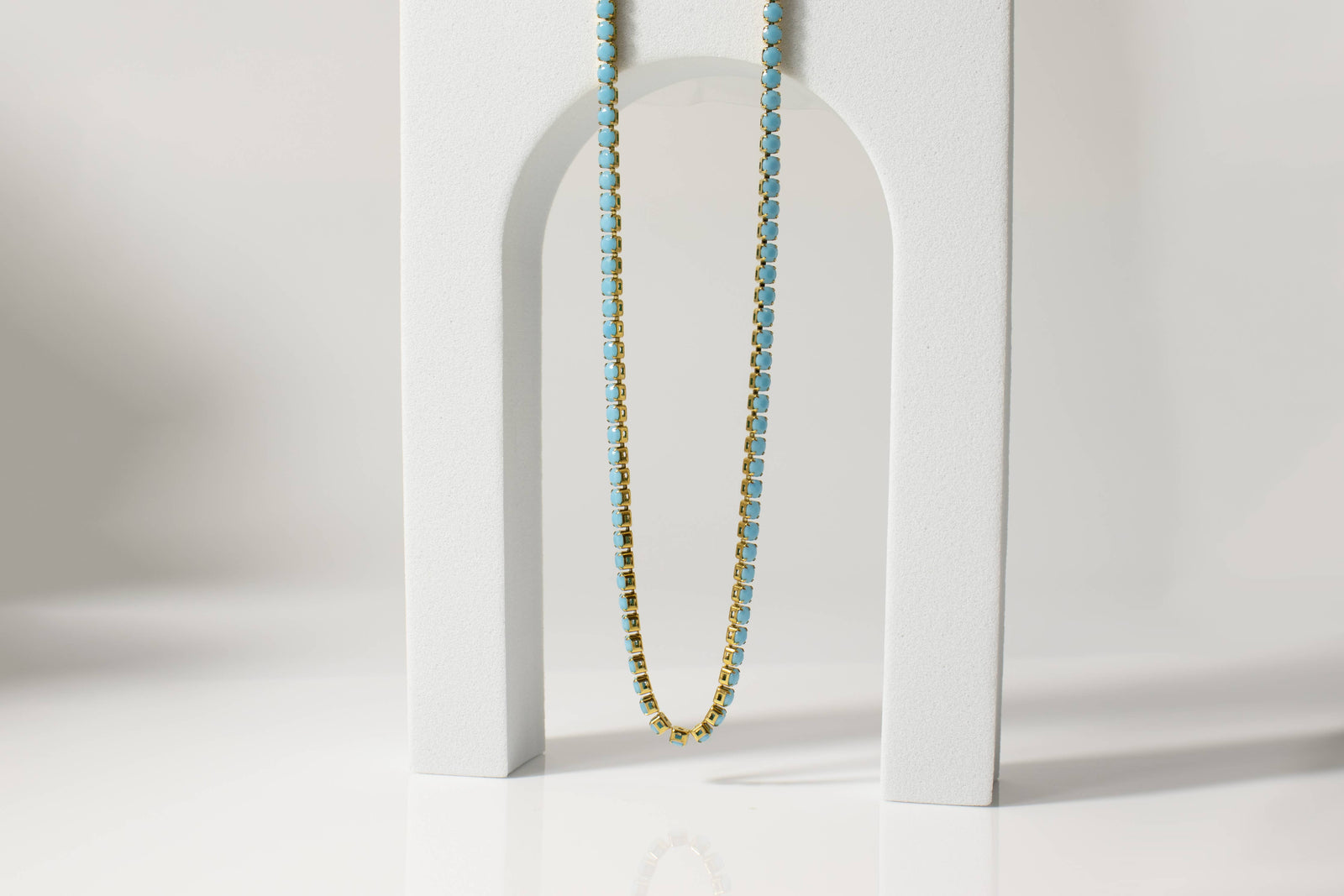 18k Gold Turquoise Rhinestone Tennis Chain Necklace: 16"+2" / 3mm